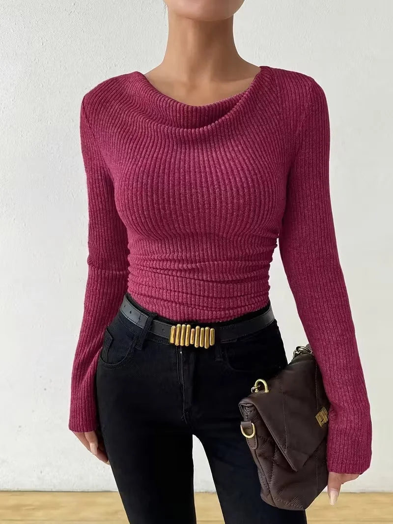 Fuchsia Women's Rib Knit Top with Cowl Neckline & Ruched Waist