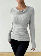 Women's Rib Knit Top with Cowl Neckline & Ruched Waist - Close Up Neckline