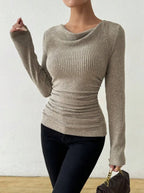 Women's Rib Knit Top with Cowl Neckline & Ruched Waist - Close Up Torso