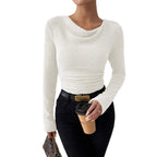 Women's Rib Knit Top with Cowl Neckline & Ruched Waist - Front Lifestyle