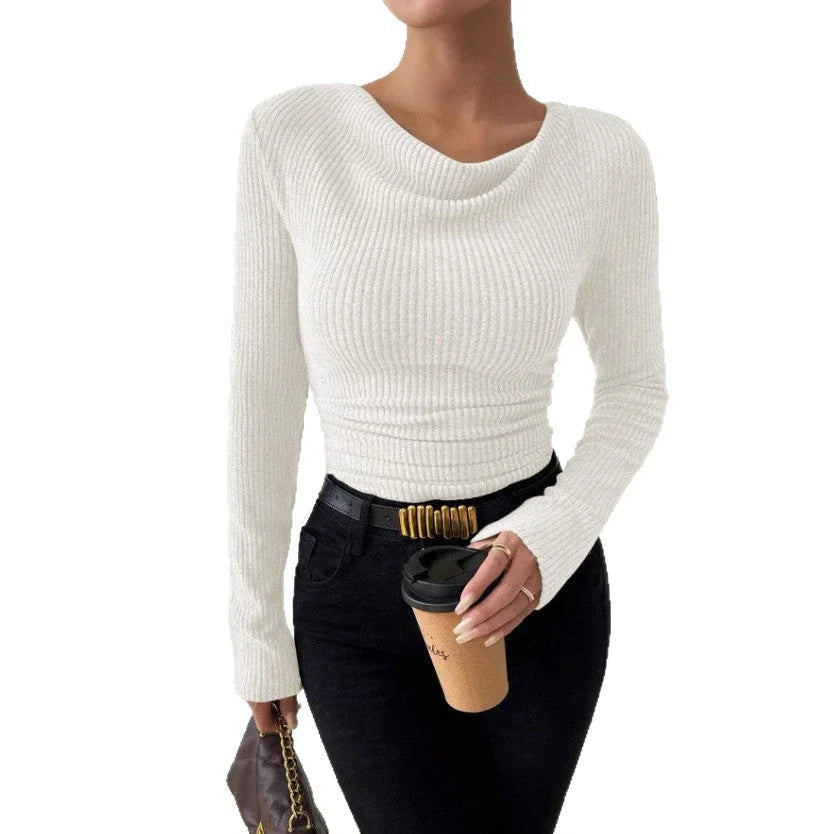 Women's Rib Knit Top with Cowl Neckline & Ruched Waist - Front Lifestyle