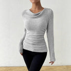 Silvery gray Women's Rib Knit Top with Cowl Neckline & Ruched Waist