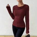 Wine Red Women's Rib Knit Top with Cowl Neckline & Ruched Waist