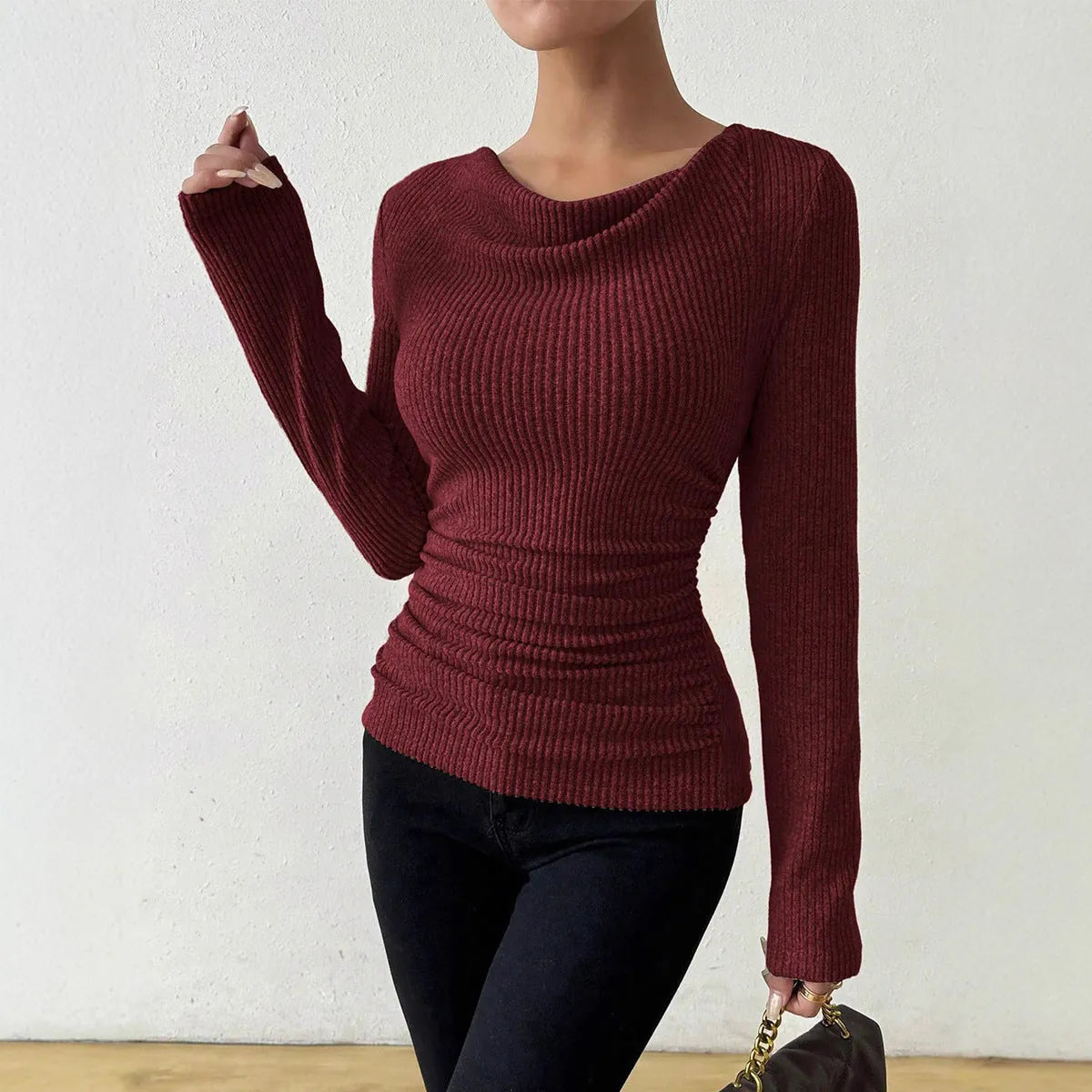 Wine Red Women's Rib Knit Top with Cowl Neckline & Ruched Waist