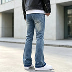Blue Men's Ripped Slim-Fit Bootcut Jeans with Raw-Hem Cuffs — Harrison - Back Full