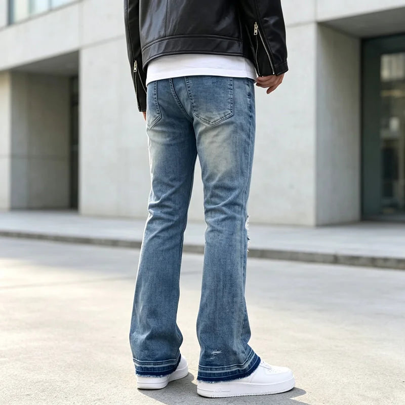 Blue Men's Ripped Slim-Fit Bootcut Jeans with Raw-Hem Cuffs — Harrison - Back Full