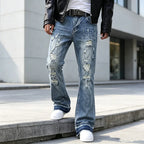 Blue Men's Ripped Slim-Fit Bootcut Jeans with Raw-Hem Cuffs — Harrison - Front Standing