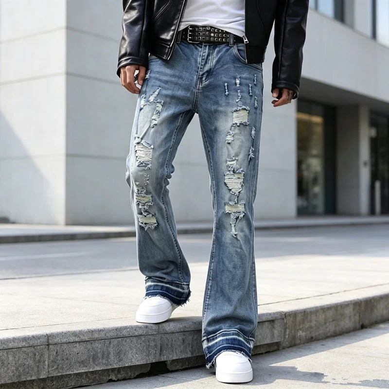 Blue Men's Ripped Slim-Fit Bootcut Jeans with Raw-Hem Cuffs — Harrison - Front Standing