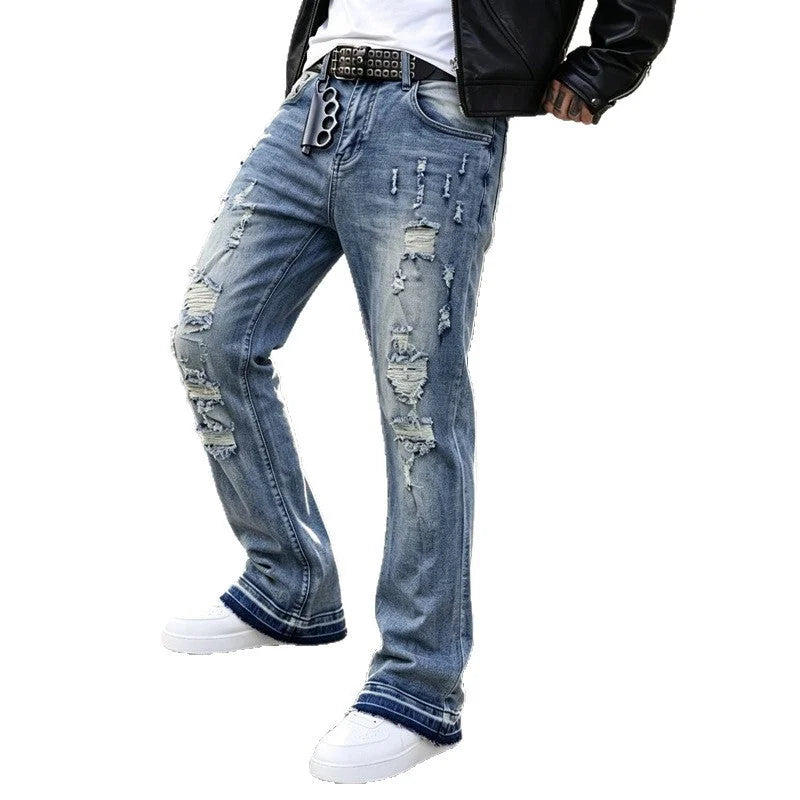 Blue Men's Ripped Slim-Fit Bootcut Jeans with Raw-Hem Cuffs — Harrison - Studio White