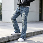 Blue Men's Ripped Slim-Fit Bootcut Jeans with Raw-Hem Cuffs — Harrison