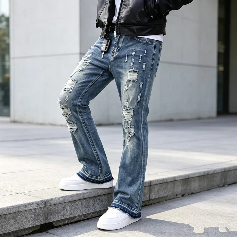 Blue Men's Ripped Slim-Fit Bootcut Jeans with Raw-Hem Cuffs — Harrison