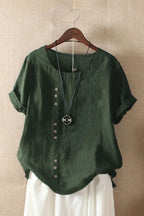 Green Women's Round Neck Short Sleeve Linen Blouse with Relaxed Fit — Tara - Front Pose