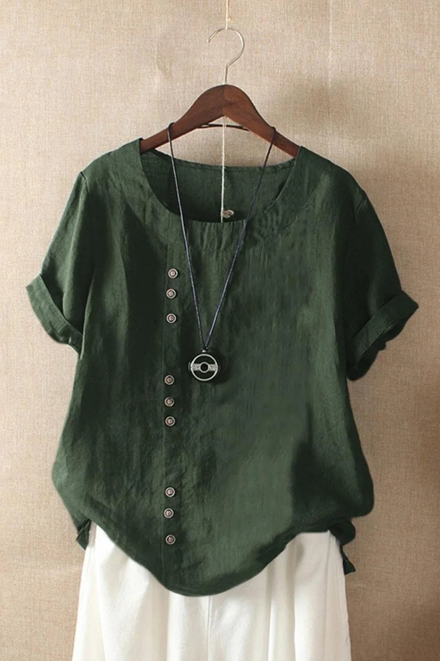 Green Women's Round Neck Short Sleeve Linen Blouse with Relaxed Fit — Tara - Front Pose