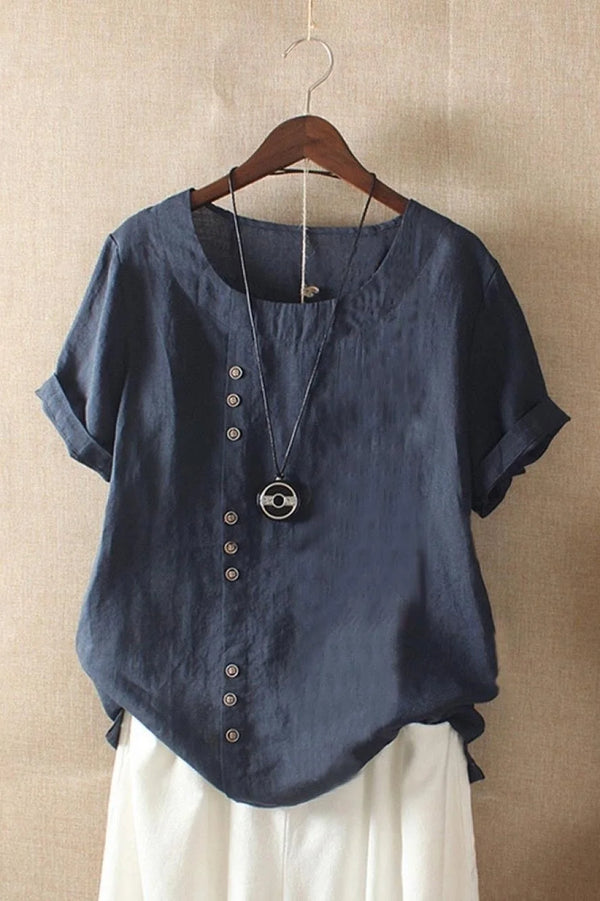 Women's Round Neck Short Sleeve Linen Blouse with Relaxed Fit — Tara