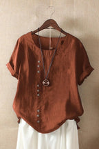 Orange Women's Round Neck Short Sleeve Linen Blouse with Relaxed Fit — Tara - Studio Display