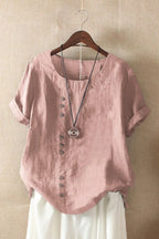 Pink Women's Round Neck Short Sleeve Linen Blouse with Relaxed Fit — Tara - Close Up Detail