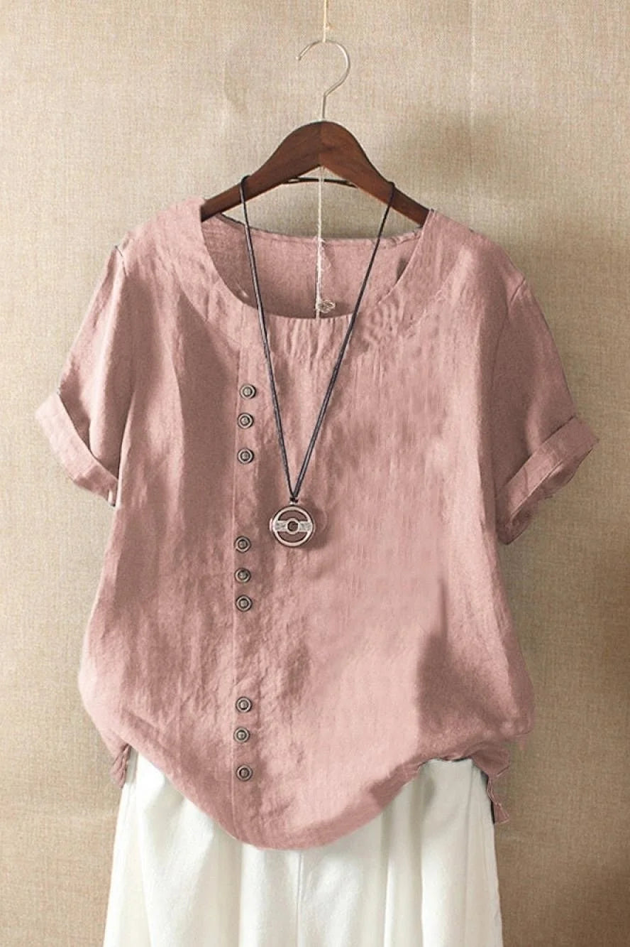 Pink Women's Round Neck Short Sleeve Linen Blouse with Relaxed Fit — Tara - Close Up Detail