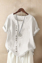 White Women's Round Neck Short Sleeve Linen Blouse with Relaxed Fit — Tara - Hanging Front
