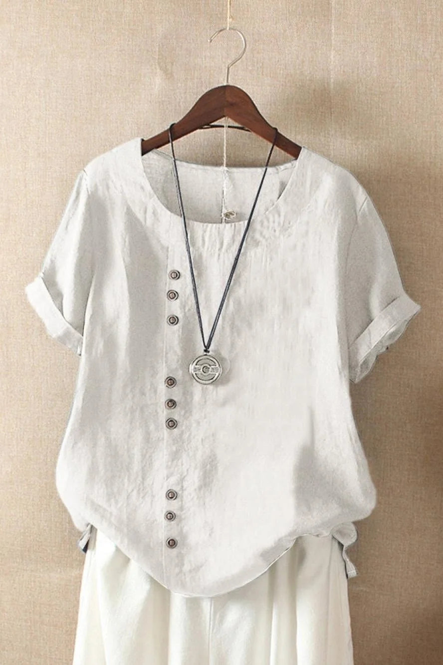 White Women's Round Neck Short Sleeve Linen Blouse with Relaxed Fit — Tara - Hanging Front
