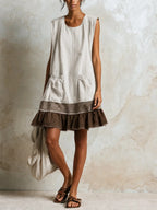 Beige Women's Linen Tunic Dress with Ruffle Hem & Striped Trim — Juliet