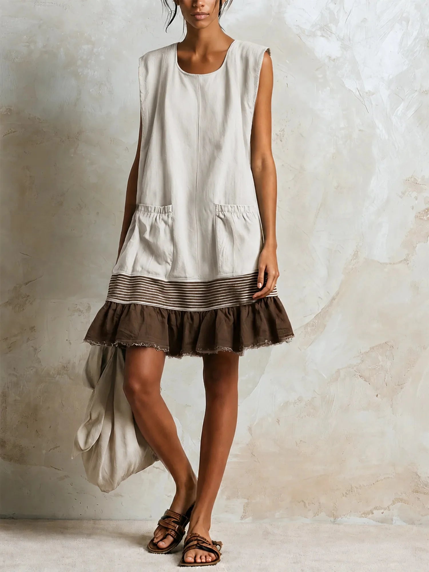 Beige Women's Linen Tunic Dress with Ruffle Hem & Striped Trim — Juliet