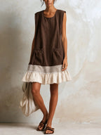 Brown Women's Linen Tunic Dress with Ruffle Hem & Striped Trim — Juliet