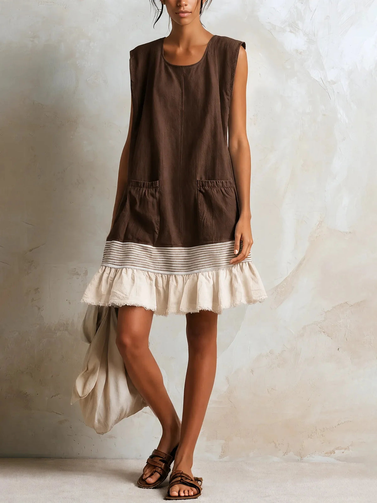 Brown Women's Linen Tunic Dress with Ruffle Hem & Striped Trim — Juliet