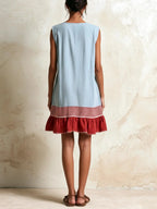 Light Blue Women's Linen Tunic Dress with Ruffle Hem & Striped Trim — Juliet - Front Standing