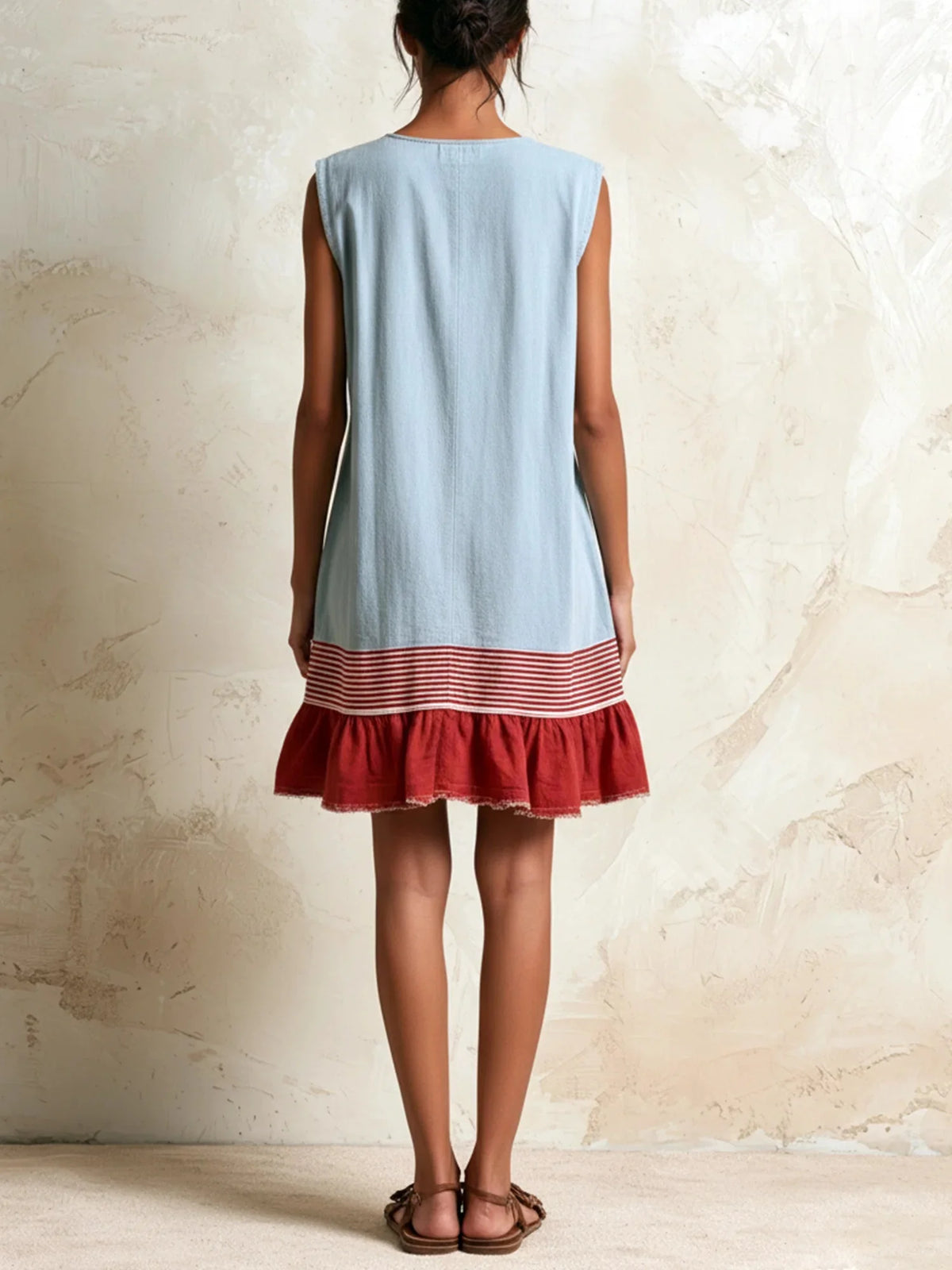 Light Blue Women's Linen Tunic Dress with Ruffle Hem & Striped Trim — Juliet - Front Standing