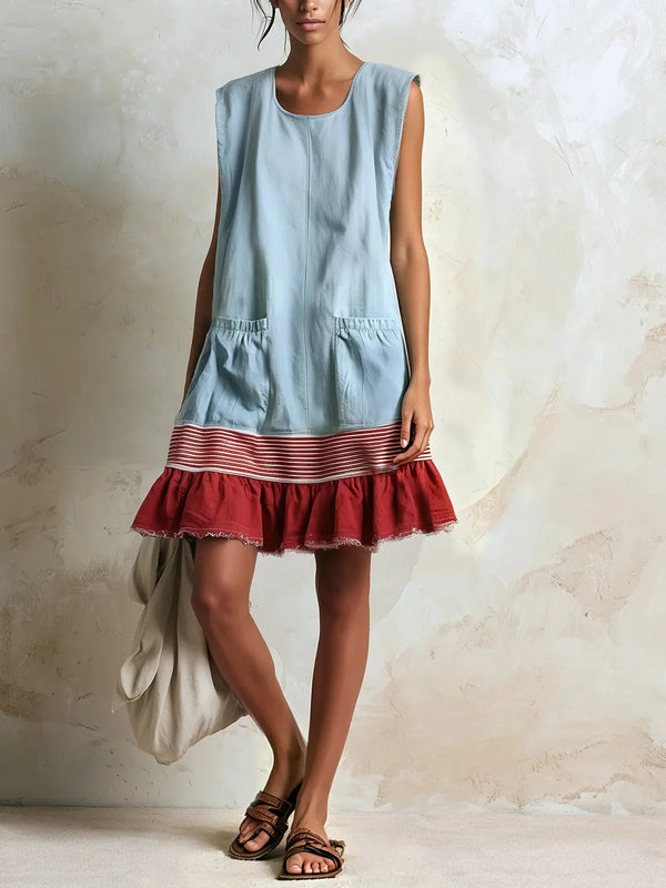 Light Blue Women's Linen Tunic Dress with Ruffle Hem & Striped Trim — Juliet
