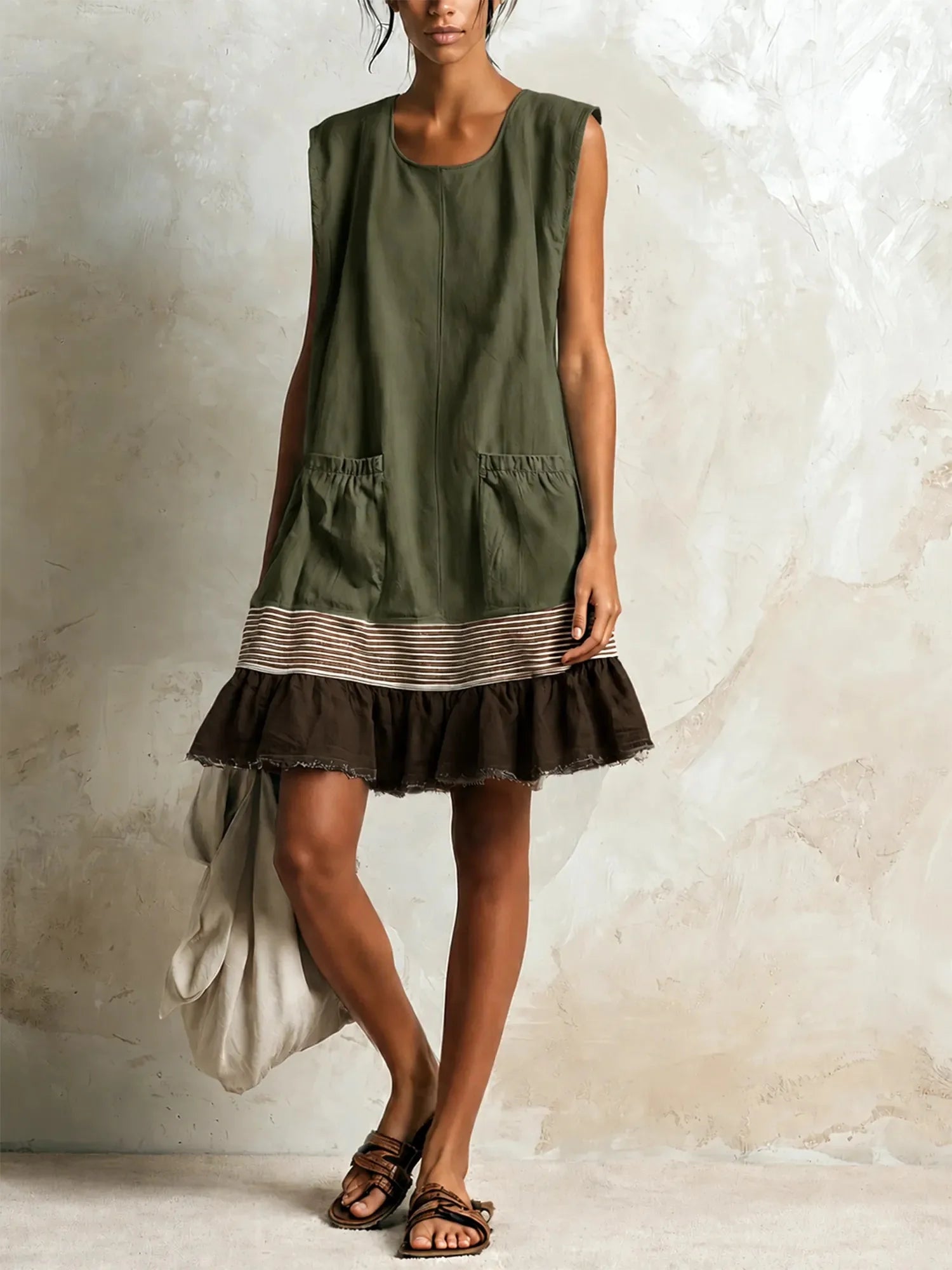 Olive Women's Linen Tunic Dress with Ruffle Hem & Striped Trim — Juliet