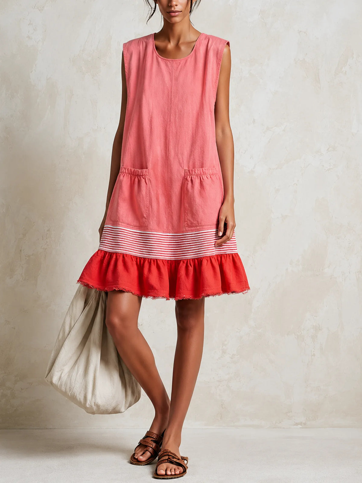 Pink Women's Linen Tunic Dress with Ruffle Hem & Striped Trim — Juliet