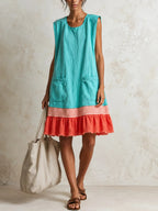 Teal Women's Linen Tunic Dress with Ruffle Hem & Striped Trim — Juliet