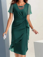 Green Women's Ruffle Midi Dress with Ruched Waist & Flutter Sleeves