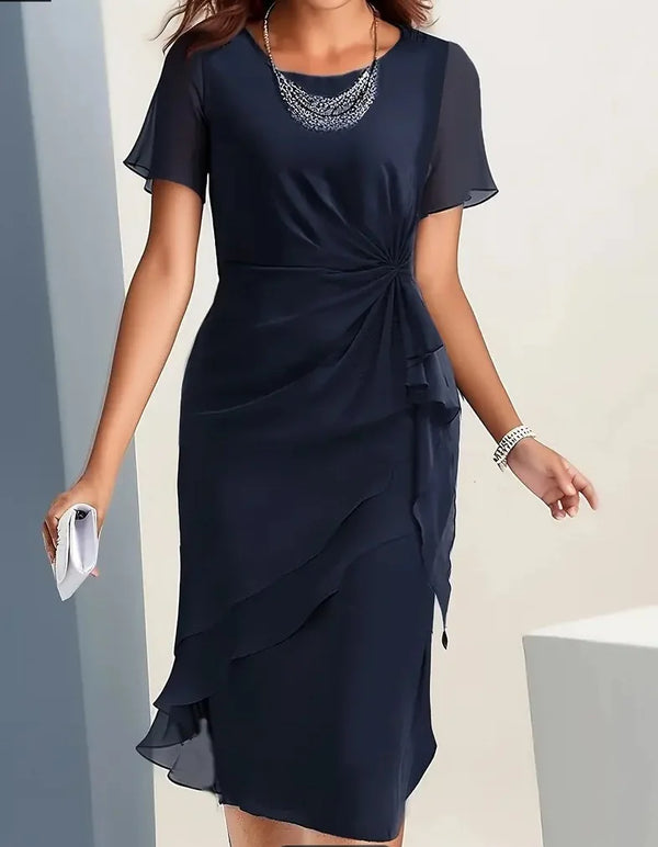 Women's Ruffle Midi Dress with Ruched Waist & Flutter Sleeves — Allie