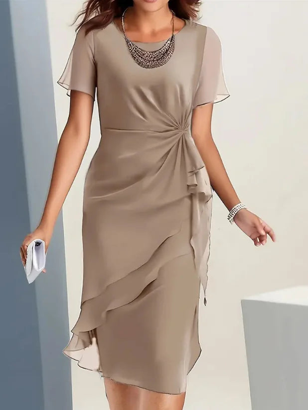Taupe Women's Ruffle Midi Dress with Ruched Waist & Flutter Sleeves