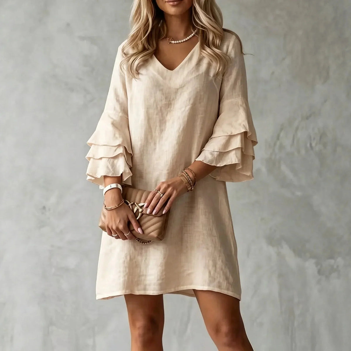 Beige Women's Ruffle Mini Dress with Tiered Bell Sleeves & V-Neck