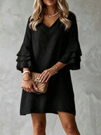 Black Women's Ruffle Mini Dress with Tiered Bell Sleeves & V-Neck
