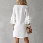 White Women's Ruffle Mini Dress with Tiered Bell Sleeves & V-Neck — Delilah - Back Detail