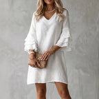 White Women's Ruffle Mini Dress with Tiered Bell Sleeves & V-Neck