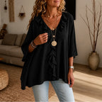 Black Women's Oversized Ruffle Blouse with V-Neck & Three-Quarter Sleeves