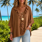 Dark brown Women's Oversized Ruffle Blouse with V-Neck & Three-Quarter Sleeves