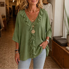 Green Women's Oversized Ruffle Blouse with V-Neck & Three-Quarter Sleeves