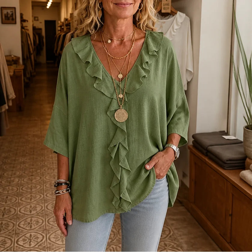 Green Women's Oversized Ruffle Blouse with V-Neck & Three-Quarter Sleeves