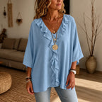 Light Blue Women's Oversized Ruffle Blouse with V-Neck & Three-Quarter Sleeves — Nell
