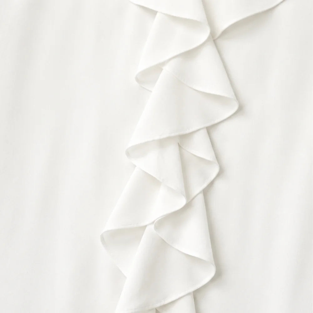 White Women's Oversized Ruffle Blouse with V-Neck & Three-Quarter Sleeves — Nell - Ruffle Detail