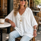 White Women's Oversized Ruffle Blouse with V-Neck & Three-Quarter Sleeves — Nell - Sitting Cafe