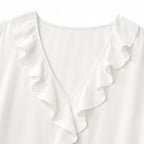 White Women's Oversized Ruffle Blouse with V-Neck & Three-Quarter Sleeves — Nell - Studio