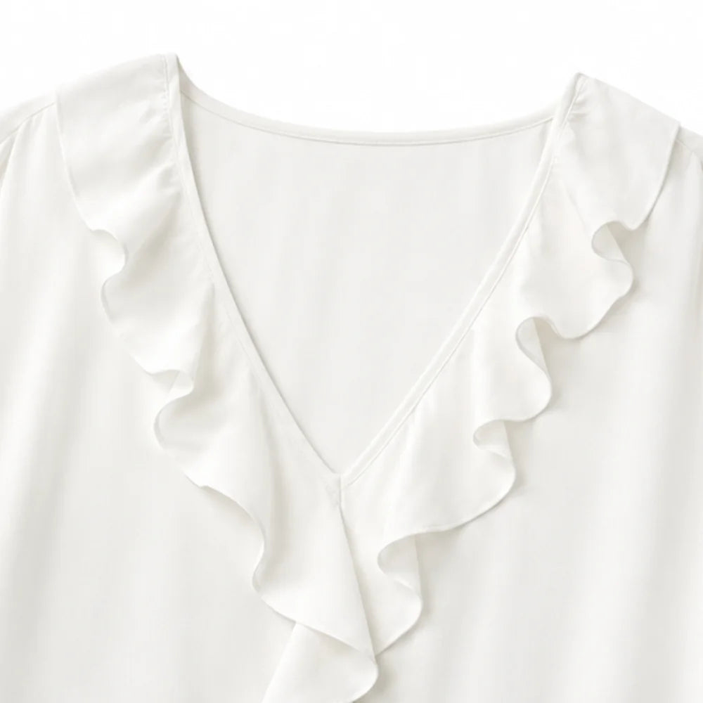 White Women's Oversized Ruffle Blouse with V-Neck & Three-Quarter Sleeves — Nell - Studio