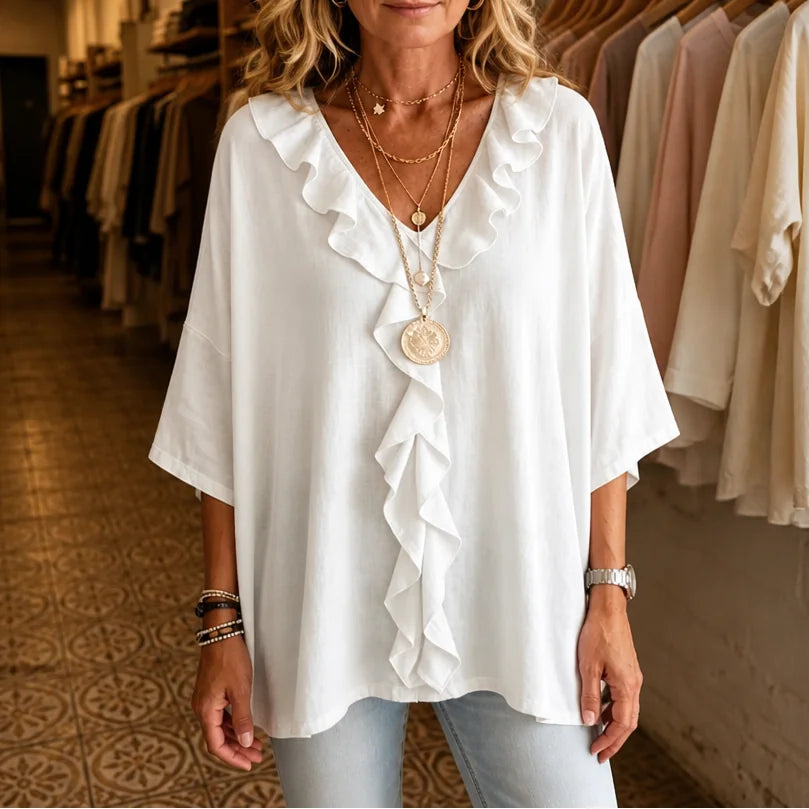 White Women's Oversized Ruffle Blouse with V-Neck & Three-Quarter Sleeves